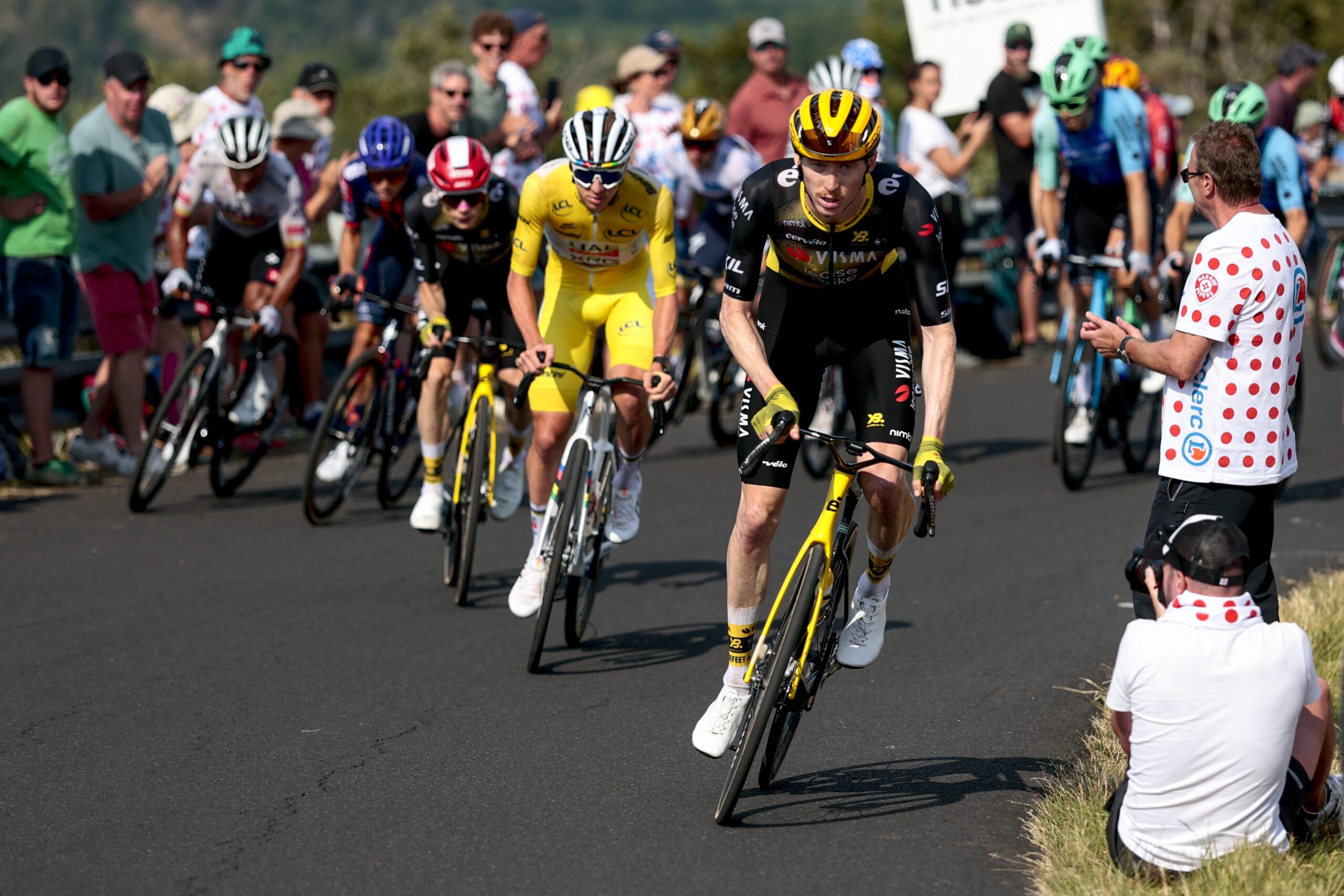 American Matteo Jorgenson of Team Visma/Lease a Bike and Slovenian Tadej Pogacar of UAE Team Emirates-XRG pictured in action during stage 10 of the 2025 Tour de France cycling, from Ennezat to Le Mont-Dore Puy de Sancy (169 km), on Monday 14 July 2025 in France. The 112th edition of the Tour de France starts on Saturday 5 July in Lille, France, and will finish in Paris, France on the 27th of July. BELGA PHOTO DAVID PINTENS (Photo by DAVID PINTENS / BELGA MAG / Belga via AFP) (Photo by DAVID PINTENS/BELGA MAG/AFP via Getty Images)