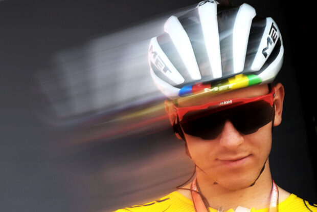 ALBERTVILLE, FRANCE - JULY 25: Tadej Pogacar of Slovenia and UAE Team Emirates - XRG - Yellow Leader Jersey prior to the 112th Tour de France 2025, Stage 19 a 93.1km stage from Albertville to La Plagne 2062m / #UCIWT / Stage route modified over infected cattle / on July 25, 2025 in Albertville, France. (Photo by Dario Belingheri/Getty Images)