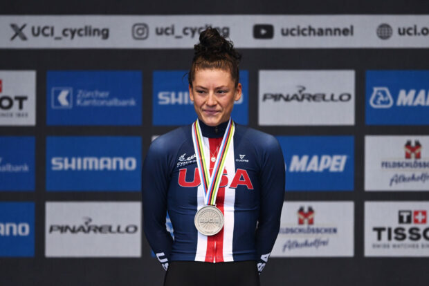 ZURICH, SWITZERLAND - SEPTEMBER 28: Silver medalist Chloe Dygert of Team United States poses on the podium during the 97th UCI Cycling World Championships Zurich 2024, Women's Elite Road Race a 154.1km one day race from Uster to Zurich on September 28, 2024 in Zurich, Switzerland. (Photo by Dario Belingheri/Getty Images)
