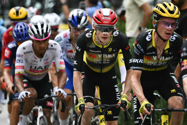 (From L) UAE Team Emirates - XRG team's Ecuadorian rider Jhonatan Narvaez, Team Visma - Lease a bike team's Danish rider Jonas Vingegaard and Team Visma - Lease a bike team's US rider Sepp Kuss near the Col de la Loze during the 18th stage of the 112th edition of the Tour de France cycling race, 171.5 km between Vif and Courchevel Col de la Loze, in the Alps, southeastern France, on July 24, 2025. (Photo by Marco BERTORELLO / AFP)