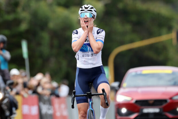 2024 Oceania Road Championships winner claiming a victory in the jersey at the Lochard Energy Warrnambool Women's Cycling Classic on Sunday, February 9, 2024 in Victoria. (Pic by Con Chronis/PSL)