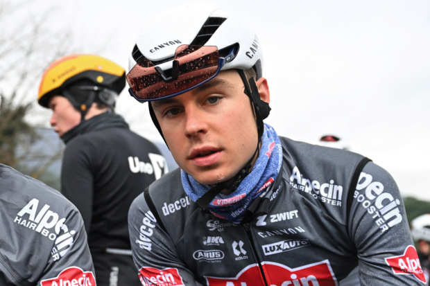 BESSEGES, FRANCE - FEBRUARY 07: (L-R) Stan Van Tricht of Belgium and Louis Kitzki of Germany and Team Alpecin - Deceuninck during the 55th Etoile de Besseges - Tour du Gard 2025, Stage 3 a 164.05km stage from Besseges to Besseges / Race stopped by the raiders due to adverse weather conditions / on February 07, 2025 in Besseges, France. (Photo by Billy Ceusters/Getty Images)