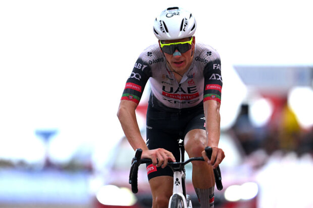 ALFARO, SPAIN - AUGUST 31: Joao Almeida of Portugal and UAE Team Emirates - XRG crosses the finish line as third place winner during the La Vuelta - 80th Tour of Spain 2025, Stage 9 a 195.5km stage from Alfaro to Estacion de Esqui de Valdezcaray 1541m / #UCIWT / on August 31, 2025 in Alfaro, Spain. (Photo by Tim de Waele/Getty Images)