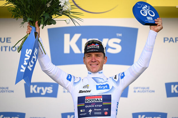 CAEN, FRANCE - JULY 09: Remco Evenepoel of Belgium and Team Soudal Quick-Step celebrates at podium as White best Young Rider Jersey winner during the 112th Tour de France, Stage 5 a 33km individual time trial stage from Caen to Caen / #UCIWT / on July 09, 2025 in Caen, France. (Photo by Dario Belingheri/Getty Images)