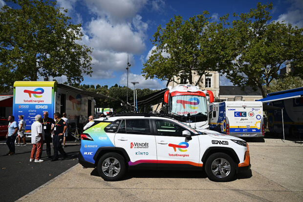 JARDRES, FRANCE - AUGUST 28: Paddock of Team TotalEnergies after a bike theft the night before, prior to the 39th Tour Poitou - Charentes en Nouvelle Aquitaine 2025, Stage 3 a 27.3km from Chauvigny to Jardres on August 28, 2025 in Jardres, France. (Photo by Luc Claessen/Getty Images)