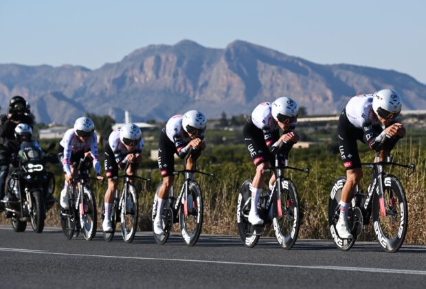 ORIHUELA, SPAIN - FEBRUARY 05: A general view of Joao Almeida of Portugal, Filippo Baroncini of Italy, Felix Grossschartner of Austria, Julius Johansen of Denmark, Ivo Oliveira of Portugal, Pavel Sivakov of France and UAE Team Emirates - XRG sprint during the 76th Volta a la Comunitat Valenciana 2025, Stage 1 a 34.3km stage from Orihuela to Orihuela on February 05, 2025 in Orihuela, Spain. (Photo by Szymon Gruchalski/Getty Images)