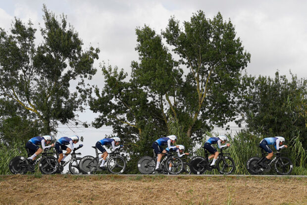 Team Israel Premier Tech 's riders compete during the fifth stage of La Vuelta a Espana cycling tour, a 24.1 km time-trial team race in Figueres, on August 27, 2025. (Photo by Josep LAGO / AFP)