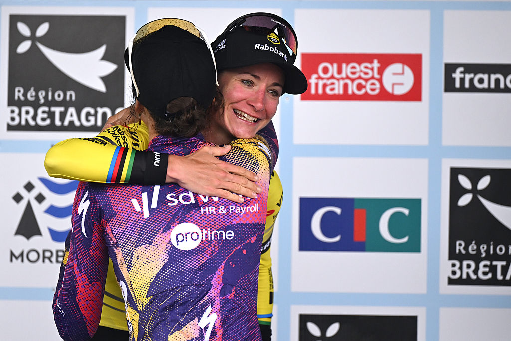 PLOUAY, FRANCE - AUGUST 30: (L-R) Race winner Mischa Bredewold of Netherlands and Team SD Worx - Protime and Marianne Vos of Netherlands and Team Visma
