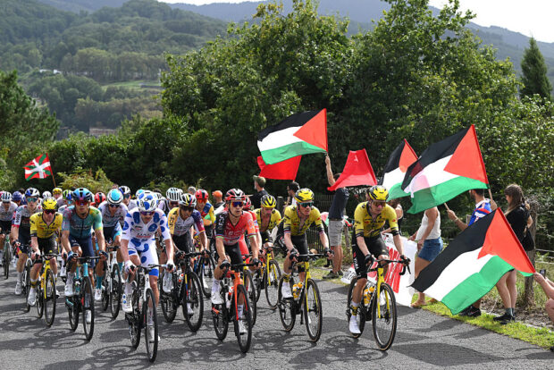 BILBAO, SPAIN - SEPTEMBER 03: Jay Vine of Australia and UAE Team Emirates - XRG - Polka dot Mountain Jersey, Egan Bernal of Colombia, Michal Kwiatkowski of Poland and Team INEOS Grenadiers, Dylan Van Baarle of Netherlands and Team Visma