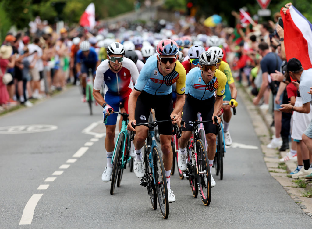 PARIS, FRANCE - AUGUST 03: (L-R) Kevin Vauquelin of Team France, Tiesj Benoot of Team Belgium and Remco Evenepoel of Team Belgium compete during the Men's Road Race on day eight of the Olympic Games Paris 2024 at trocadero on August 03, 2024 in Paris, France. (Photo by Tim de Waele/Getty Images)