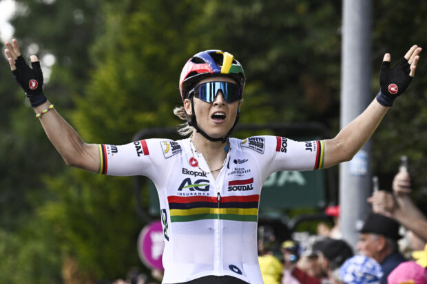 AG Insurance - Soudal Team's Mauritius rider Kimberley Le Court Pienaar cycles to the finish line to win the 5th stage (out of 9) of the fourth edition of the Women's Tour de France cycling race, 165.8 km from Chasseneuil-du-Poitou to Gueret, in Gueret, central France on July 30, 2025. (Photo by JULIEN DE ROSA / AFP) (Photo by JULIEN DE ROSA/AFP via Getty Images)