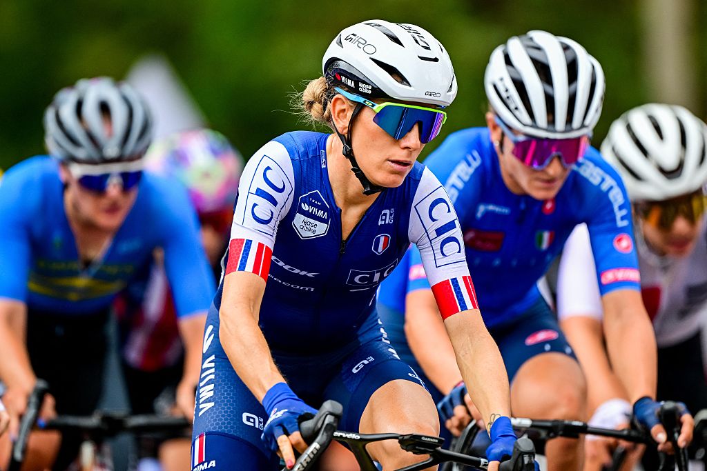 France Pauline Ferrand Prevot pictured in action during the elite women road race (164,6 km) at the cycling road World Championships in Kigali, Rwanda, Saturday 27 September 2025. The 2025 UCI Road World Championships take place from 21 to 28 September in Kigali, Rwanda. BELGA PHOTO DIRK WAEM (Photo by DIRK WAEM / BELGA MAG / Belga via AFP)