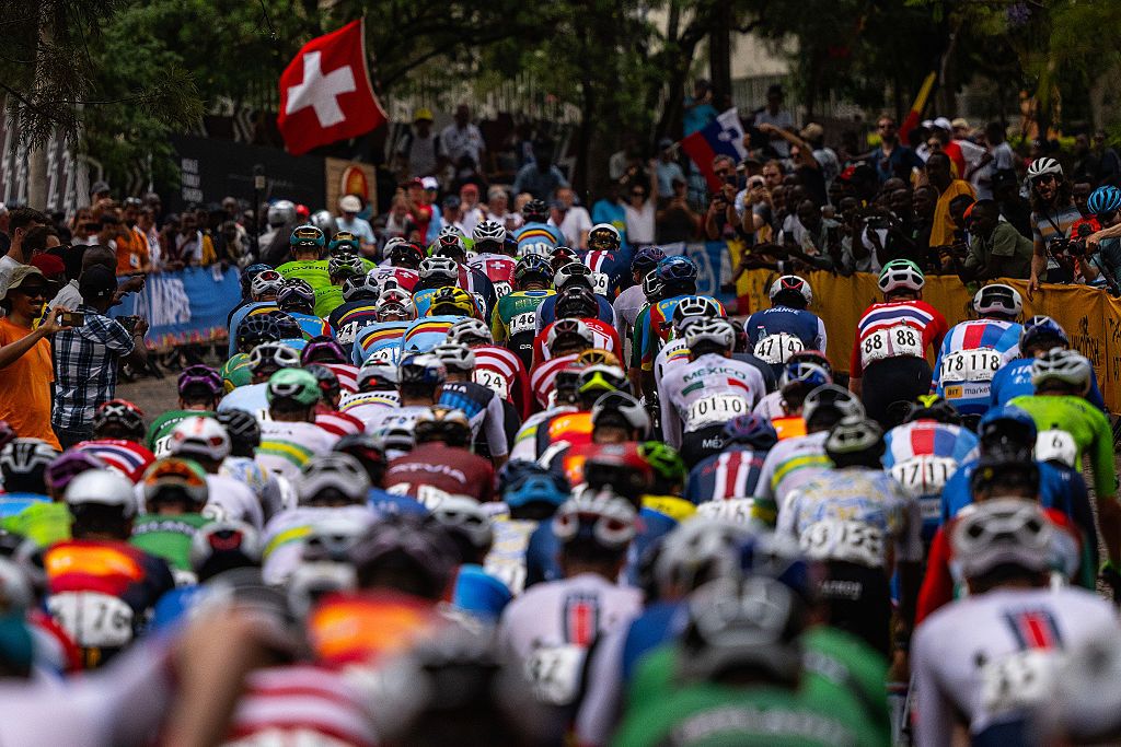 Riders during the elite men's race at the 2025 Road World Championships