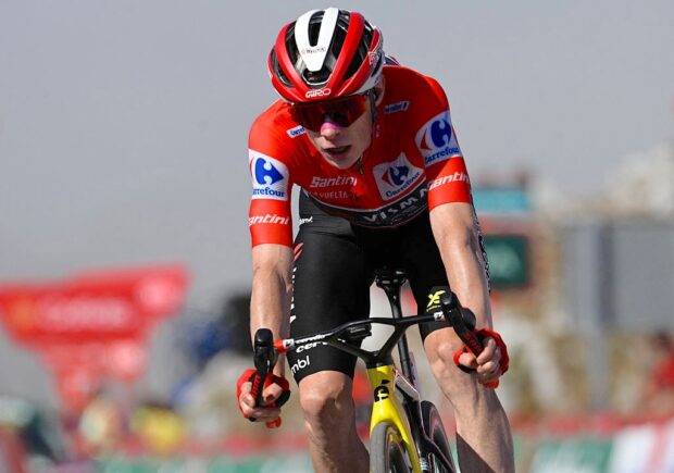 Second placed, overall leader of the Team Visma-Lease a Bike, Danish rider Jonas Vingegaard, crosses the finish line of the 13th stage of the Vuelta a Espana, a 202 km race between Cabezon de la Sal and L'Angliru, on September 5, 2025. (Photo by Miguel RIOPA / AFP) (Photo by MIGUEL RIOPA/AFP via Getty Images)