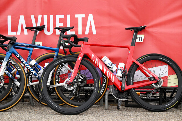 ALBA, ITALY - AUGUST 24: Red Canyon bike of Jasper Philipsen of Belgium and Team Alpecin - Deceuninck - Red Leader Jersey prior to the La Vuelta - 80th Tour of Spain 2025, Stage 2 a 159.5km stage from Alba to Limone Piemonte 1389m / #UCIWT / on August 24, 2025 in Alba, Italy. (Photo by Dario Belingheri/Getty Images)