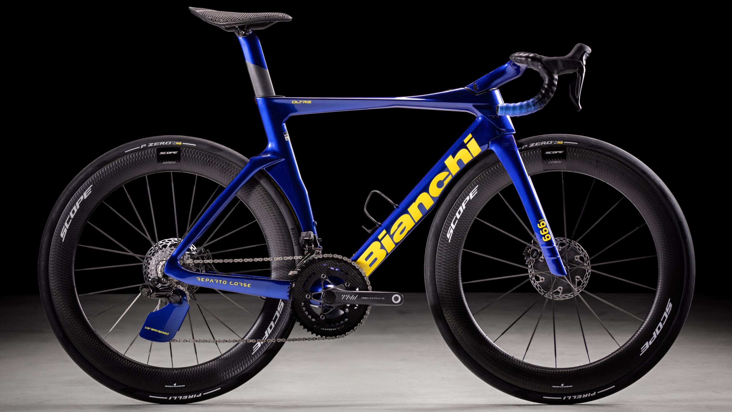 A blue and yellow Bianchi Oltre RC