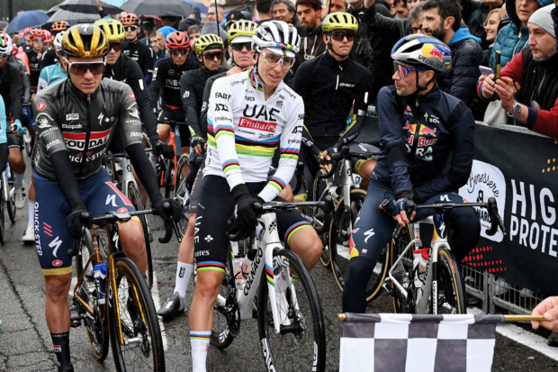 Primoz Roglič lined up next to Tadej Pogačar and on the other side, Remco Evenepoel