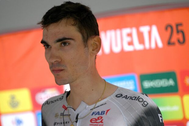 Team UAE's Spanish rider Juan Ayuso looks on after winning the seventh stage of the Vuelta a Espana, a 187 km race between Andorra la Vella and Cerler, on August 29, 2025. (Photo by Josep LAGO / AFP)