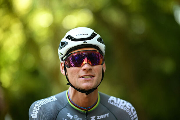 Alpecin - Deceuninck team's Dutch rider Mathieu van der Poel awaits the start of the 9th stage of the 112th edition of the Tour de France cycling race, 174.1 km between Chinon and Chateauroux, central France, on July 13, 2025. (Photo by Loic VENANCE / AFP)
