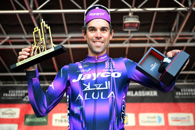 FRANKFURT AM MAIN, GERMANY - MAY 01: Michael Matthews of Australia and Team Jayco AlUla celebrates at podium as race winner during the 62nd Eschborn-Frankfurt 2025 a 198.7km one day race from Eschborn to Frankfurt am Main / #UCIWT / on May 01, 2025 in Frankfurt am Main, Germany. (Photo by Christian Kaspar-Bartke/Getty Images)