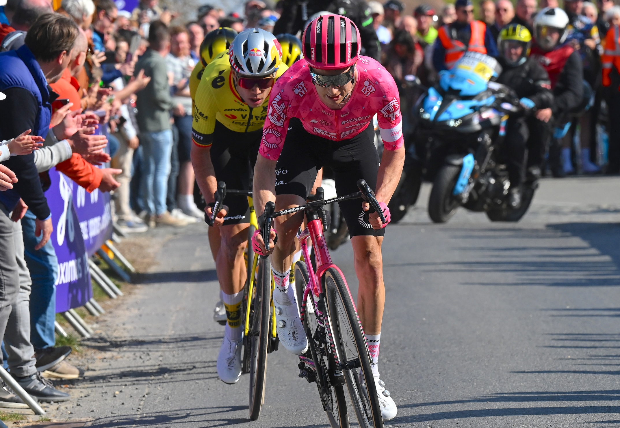 WAREGEM, BELGIUM - APRIL 02: (L-R) Wout Van Aert of Belgium and Team Visma