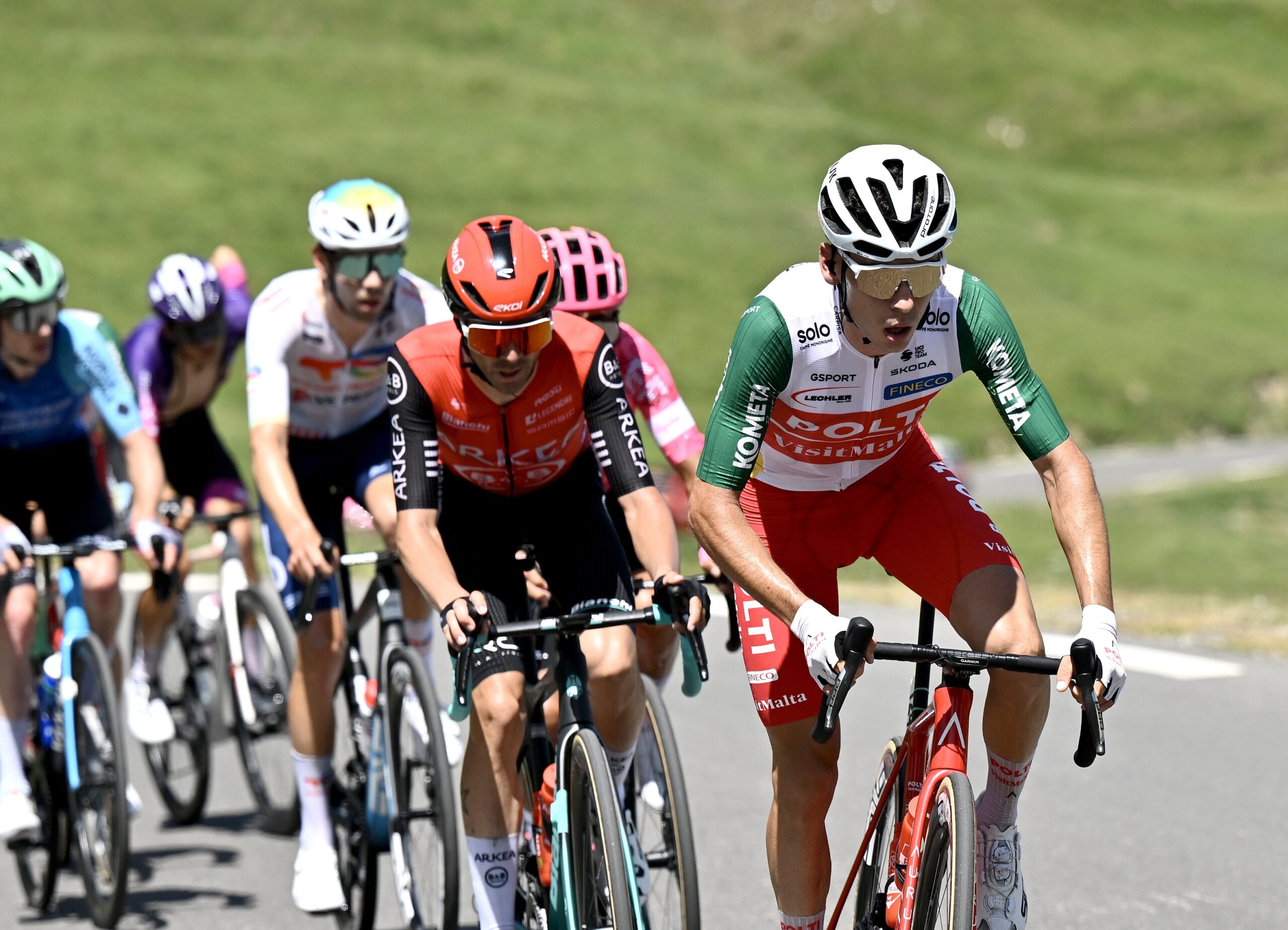 LUZ-ARDIDEN, FRANCE - JUNE 20: (L-R) Cristian Rodriguez of Spain and Team Arkea - B&amp;B Hotels and Davide Piganzoli of Italy and Team Polti VisitMalta compete in the breakaway during the 48th La Route d'Occitanie - CIC 2025, Stage 3 a 173.9km stage from Pujaudran to Luz-Ardiden 1716m on June 20, 2025 in Luz-Ardiden, France. (Photo by Luc Claessen/Getty Images)