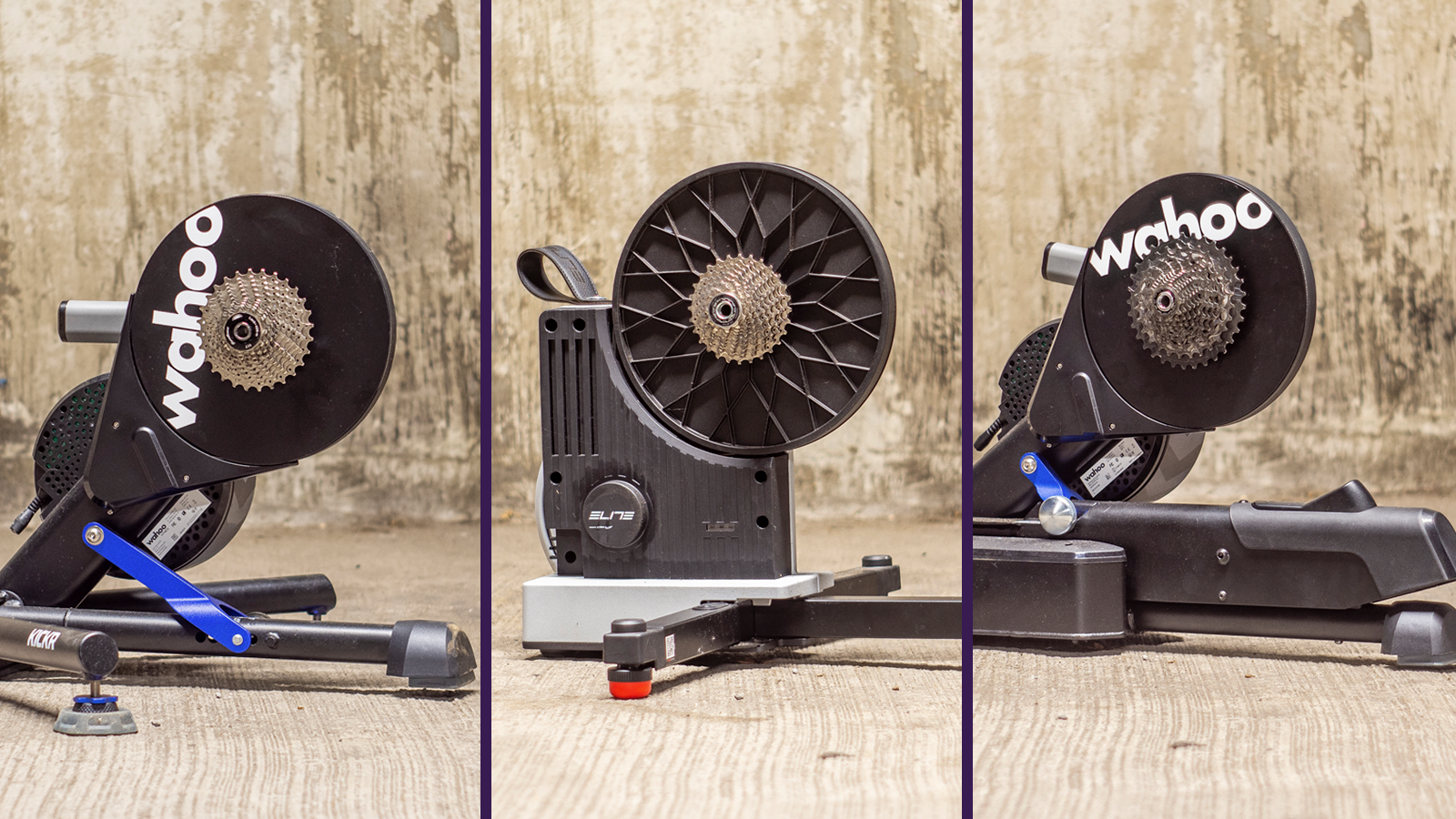 Una imagen en collage de las mejores zapatillas inteligentes, con Wahoo Kickr, Elite Justo 2 y Wahoo Kickr Move en un aparcamiento subterráneo.