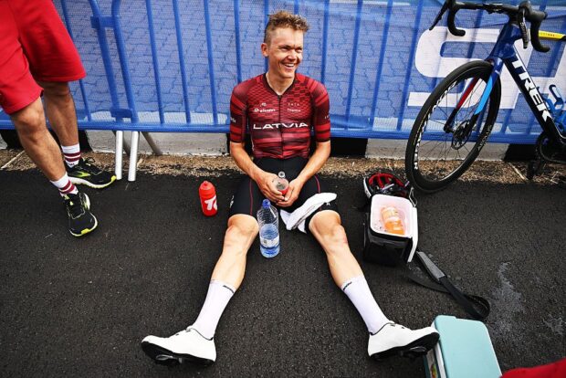 KIGALI, RWANDA - SEPTEMBER 28: Toms Skujins and Team Latvia reacts after the 98th UCI Cycling World Championships Kigali 2025, Men Elite Road Race a 267.5km race from Kigali to Kigali on September 28, 2025 in Kigali, Rwanda. (Photo by Dario Belingheri/Getty Images)