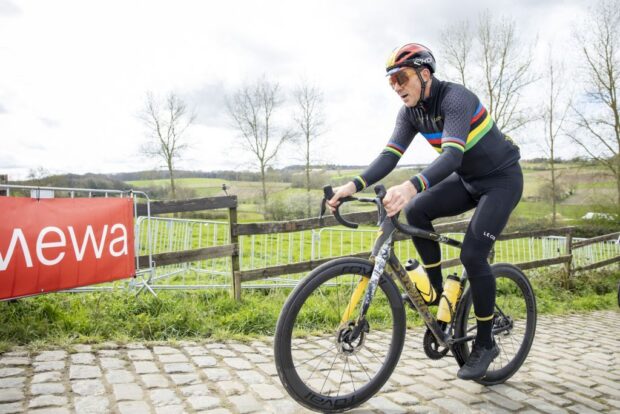 Former Belgian cyclist Johan Museeuw pictured in action during a track reconaissance of several teams ahead of the Ronde van Vlaanderen/ Tour des Flandres/ Tour of Flanders cycling race, Friday 29 March 2024. The 108th edition of the cycling race will take place on Sunday 31 March. BELGA PHOTO DAVID PINTENS (Photo by DAVID PINTENS / BELGA MAG / Belga via AFP)