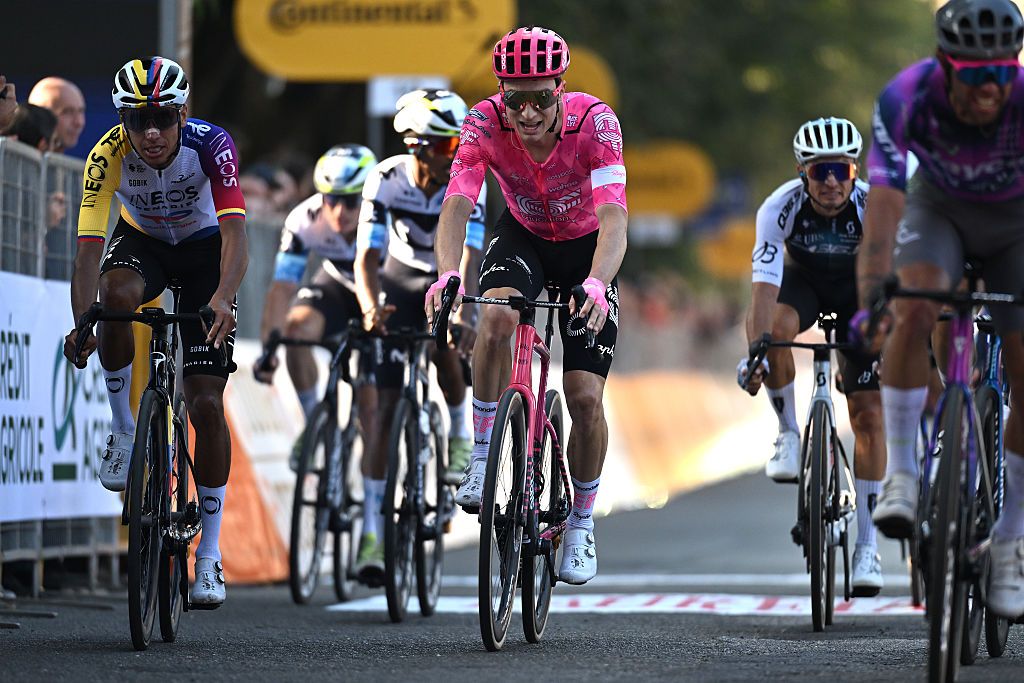 ACQUI TERME, ITALY - OCTOBER 09: (L-R) Egan Bernal of Colombia and Team INEOS Grenadiers and Neilson Powless of United States and Team EF Education - EasyPost cross the finish line during the 109th Gran Piemonte 2025 a 179km one day race from Dogliani to Acqui Terme on October 09, 2025 in Acqui Terme, Italy. (Photo by Dario Belingheri/Getty Images)