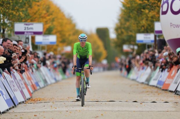 Matej Mohorič (Slovenia) crosses the line in third at the 2025 UCI Gravel World Championships
