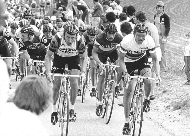 Gerrie Knetemann (r), the record holder for wins in the now-revived Tour of Holland, riding as World Champion in 1978's Amstel Gold Race