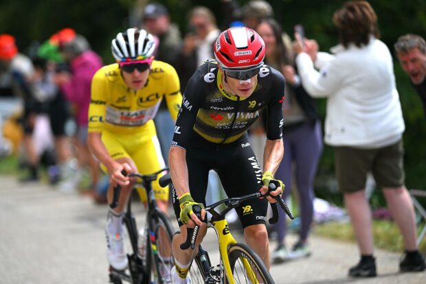 COURCHEVEL - COL DE LA LOZE, FRANCE - JULY 24: (L-R) Tadej Pogacar of Slovenia and UAE Team Emirates - XRG - Yellow Leader Jersey and Jonas Vingegaard of Denmark and Team Visma