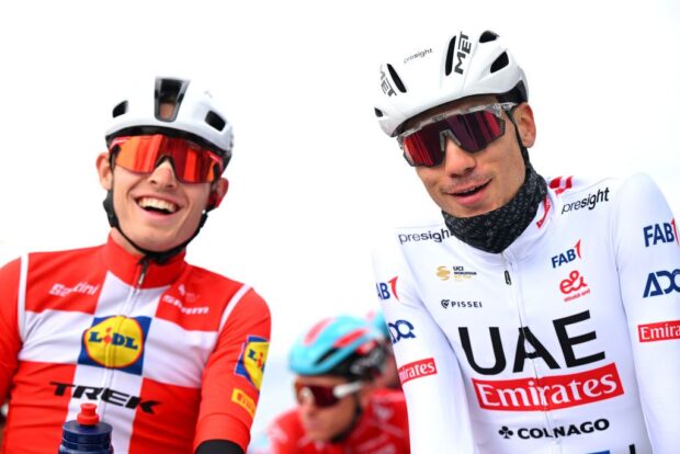 ETOILE-SUR-RHONE, FRANCE - FEBRUARY 25: (L-R) Mattias Skjelmose of Denmark and Team Lidl - Trek and Juan Ayuso of Spain and Team UAE Team Emirates prior to the 12th Drome Classic 2024, a 189km one day race from Etoile-sur-Rhone to Etoile-sur-Rhone on February 25, 2024 in Etoile-sur-Rhone, France. (Photo by Billy Ceusters/Getty Images)
