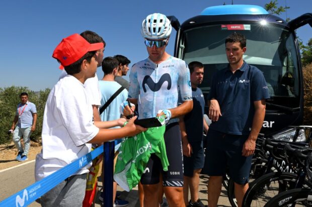 ARCHIDONA, SPAIN - AUGUST 23: Oier Lazkano of Spain and Team Movistar meets the fans at start prior to the La Vuelta - 79th Tour of Spain 2024, Stage 7 a 180.5km stage from Archidona to Cordoba / #UCIWT / on August 23, 2024 in Archidona, Spain. (Photo by Tim de Waele/Getty Images)