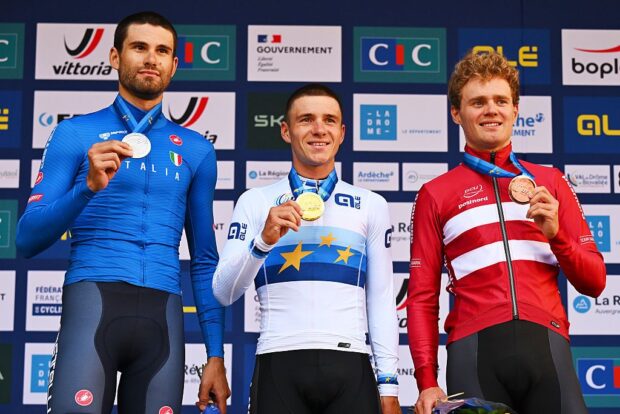 ETOILE-SUR-RHONE, FRANCE - OCTOBER 01: Gold medalist Remco Evenepoel and Team Belgium (C), Silver medalist Filippo Ganna and Team Italy (L) and Bronze medalist Niklas Larsen and Team Denmark (R) pose on the podium during the 31st UEC Road Cycling European Championships 2025 - Men's Elite Individual Time Trial a 24km race from Loriol-sur-Rhone to Etoile-sur-Rhone on October 01, 2025 in Etoile-sur-Rhone, France. (Photo by Billy Ceusters/Getty Images)