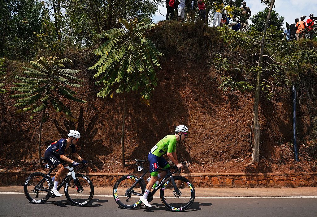 Road World Championships Elite Men's Road Race: Juan Ayuso (L) after breaking away with Tadej Pogačar