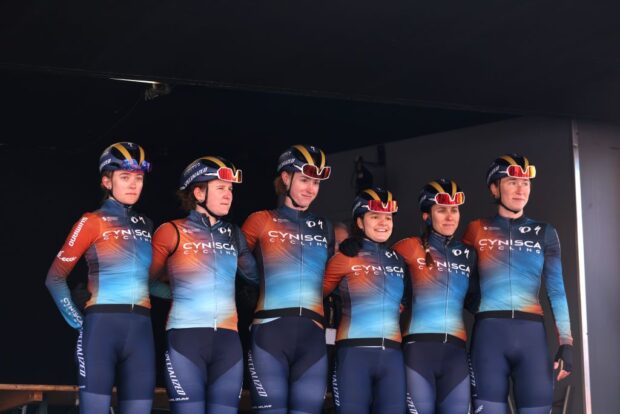 QUAREGNON, BELGIUM - MARCH 04: Tess Edwards of the United States, Alexis Magner of the United States, Febe Poppe of Belgium, Chloe Patrick of the United States, Caoimhe O'Brien of Ireland, Kaitlyn Rauwerda of Canada and Cynisca Cycling prior to the 14th Le Samyn des Dames 2025 a 122km one day race from Quaregnon to Dour on March 04, 2025 in Quaregnon, Belgium. (Photo by Rhode Van Elsen/Getty Images)