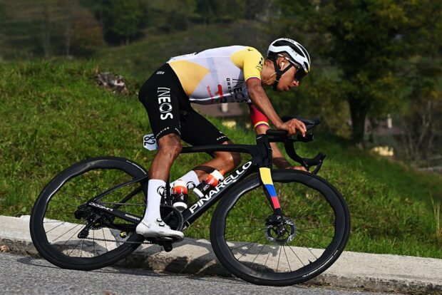 Ineos Grenadiers racer Egan Bernal races in his Colombian champion's jersey during the 2025 season