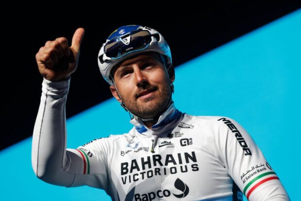 NINOVE BELGIUM FEBRUARY 26 Sonny Colbrelli of Italy and Team Bahrain Victorious during the team presentation prior to the 77th Omloop Het Nieuwsblad 2022 Mens Race a 2042km race from Ghent to Ninove OHN22 FlandersClassic WorldTour on February 26 2022 in Ninove Belgium Photo by Bas CzerwinskiGetty Images