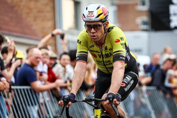 Belgian Wout van Aert of Team Visma-Lease a Bike crosses the finish line of the Super 8 Classic one day cycling race 200,7km from Brakel to Boortmeerbeek, on Saturday 20 September 2025. BELGA PHOTO DAVID PINTENS (Photo by DAVID PINTENS / BELGA MAG / Belga via AFP)
