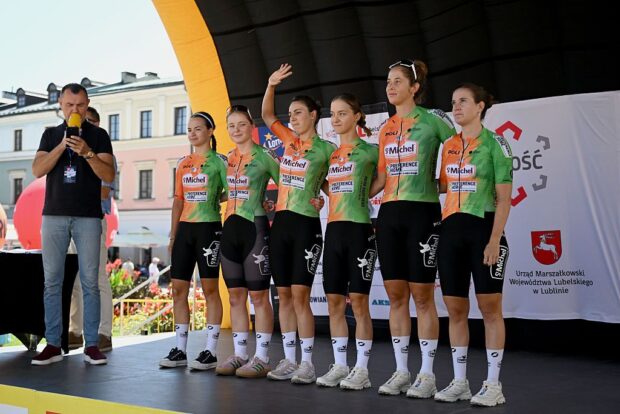 ZAMOSC, POLAND - AUGUST 12: Alicia Gonzalez, Lucie Fityus, Severine Eraud, Alison Avoine, Adele Normand and Clemence Chereau of France and Team St Michel - Preference Home - Auber93 WE prior to the 13th Tour de Pologne Feminin, Stage 1 a 105.7km stage from Zamosc to Zamosc on August 12, 2025 in Zamosc, Poland. (Photo by Szymon Gruchalski/Getty Images)