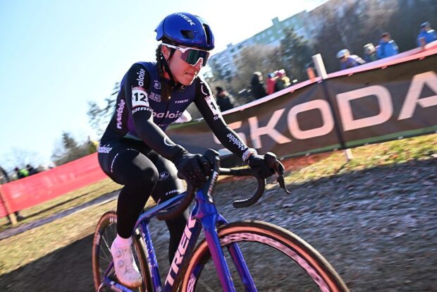 Dutch Shirin van Anrooij pictured in action during the women elite race at the World Cup cyclocross cycling event in Tabor, Czech Republic, stage 1 (out of 12) of the UCI World Cup cyclocross competition, Sunday 23 November 2025.BELGA PHOTO DAVID PINTENS (Photo by DAVID PINTENS / BELGA MAG / Belga / AFP via Getty Images)