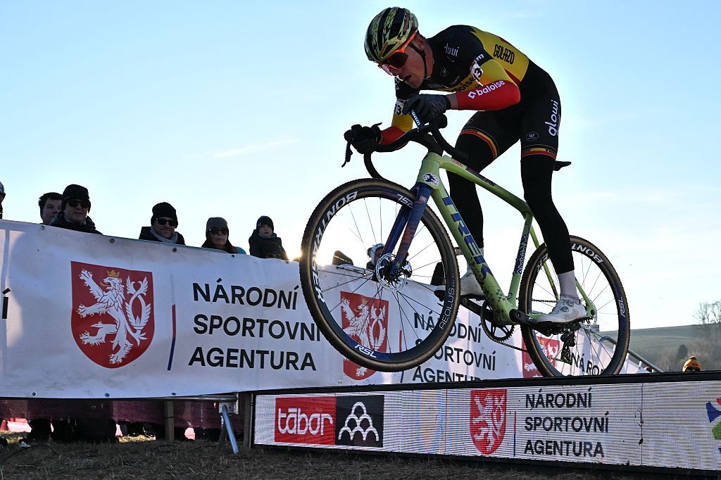 Belgian Thibau Nys pictured in action during the men elite race at the World Cup cyclocross cycling event in Tabor, Czech Republic, stage 1 (out of 12) of the UCI World Cup cyclocross competition, Sunday 23 November 2025.BELGA PHOTO DAVID PINTENS (Photo by DAVID PINTENS / BELGA MAG / Belga via AFP)