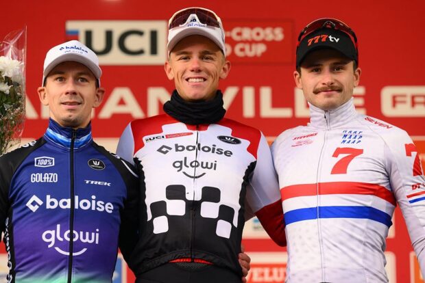 Thibau Nys, Lars van der Haar and Cameron Mason on the final podium at UCI Cyclo-cross World Cup in Flamanville