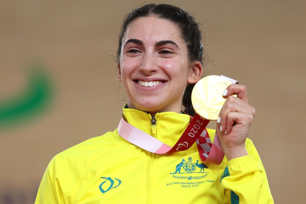 IZU, JAPAN - AUGUST 25: Gold medalist Paige Greco of Team Australia poses during the medal ceremony for Track Cycling Women’s C1-3 3000m Individual Pursuit on day 1 of the Tokyo 2020 Paralympic Games at Izu Velodrome on August 25, 2021 in Izu, Japan. (Photo by Kiyoshi Ota/Getty Images)