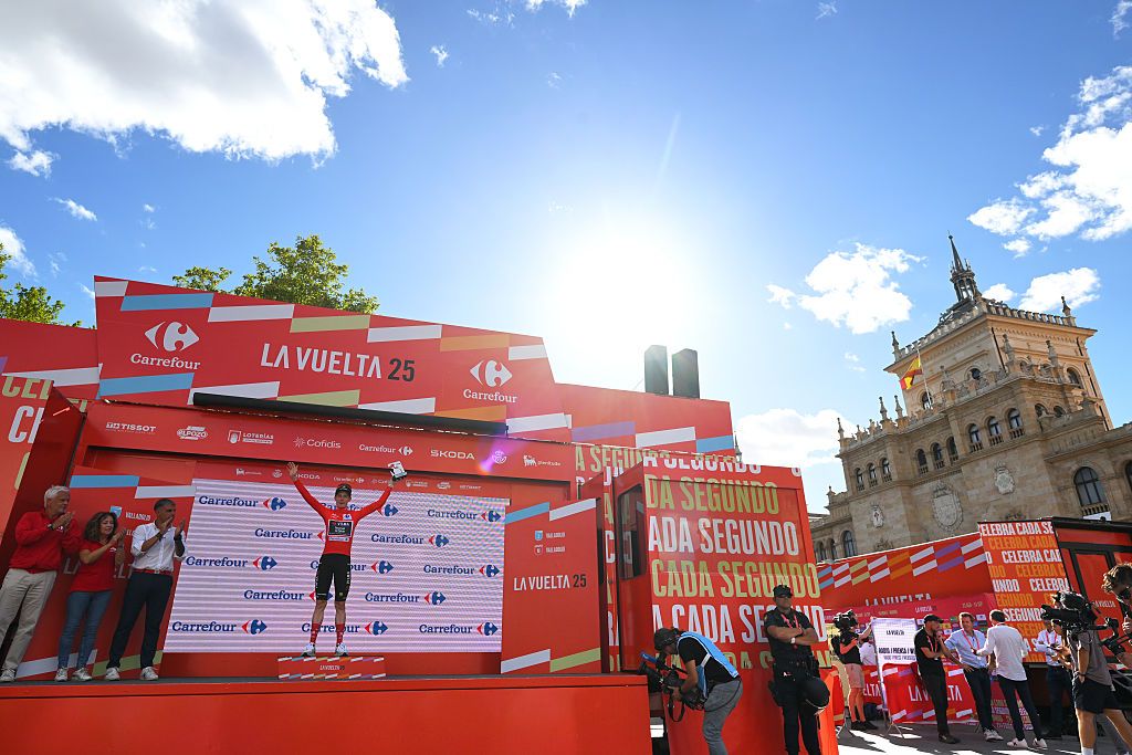 Final overall winner Jonas Vingegaard celebrates another day in the lead in the 2025 Vuelta a España