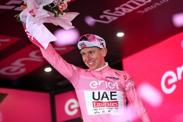 SANTUARIO DI OROPA, ITALY - MAY 05: Tadej Pogacar of Slovenia and UAE Team Emirates celebrates at podium as Pink Leader Jersey winner during the 107th Giro d&amp;apos;Italia 2024, Stage 2 a 161km stage from San Francesco al Campo to Santuario di Oropa 1136m / #UCIWT / on May 05, 2024 in Santuario di Oropa, Italy. (Photo by Dario Belingheri/Getty Images)