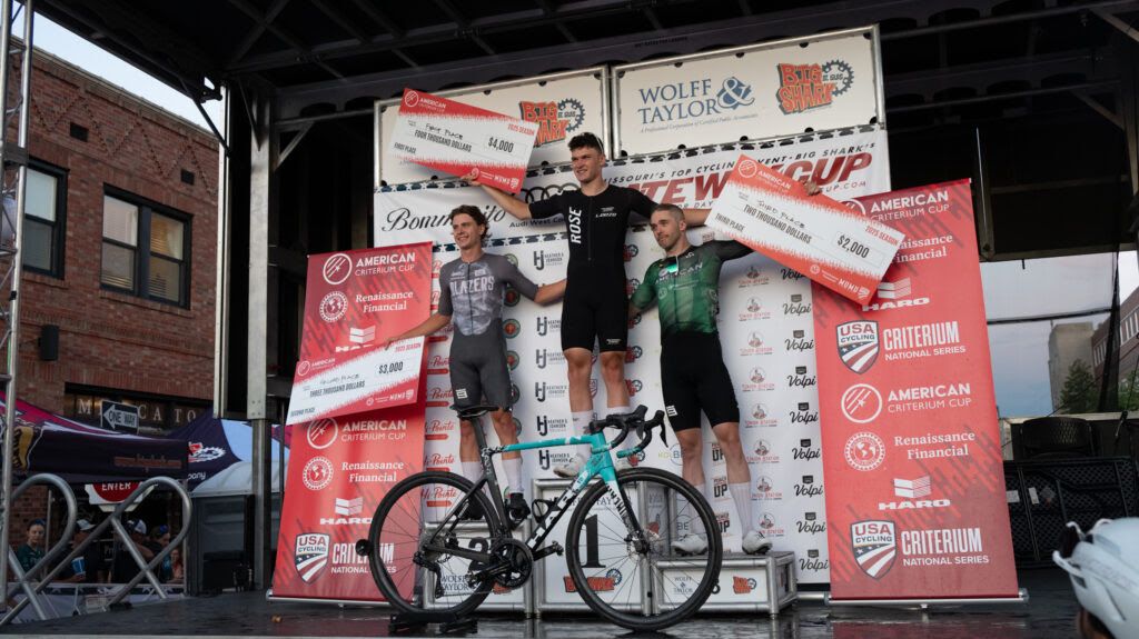 2025 ACC men's final podium for individuals (L to R): runner-up Brody McDonald (Golden State Blazers, winner Maurice Ballerstedt (Rose Bikes) and third-placed Danny Summerhill (L39ION of Los Angeles)