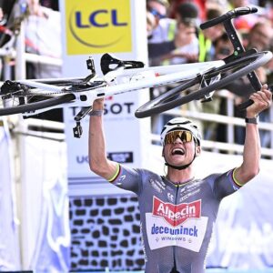 Dutch Mathieu van der Poel of Alpecin-Deceuninck wins the men elite race of the 'Paris-Roubaix' one day cycling race, 259,2 km from Compiegne to Roubaix, France, on Sunday 13 April 2025. BELGA PHOTO JASPER JACOBS (Photo by JASPER JACOBS / BELGA MAG / Belga via AFP) (Photo by JASPER JACOBS/BELGA MAG/AFP via Getty Images)